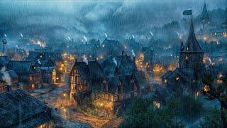 Medieval City Night Ambience | Relaxing Heavy Rain & Thunderstorm Sounds, Blacksmiths, White Noise