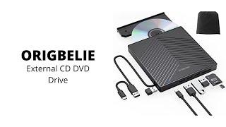 ORIGBELIE | External CD DVD Drive, Ultra Slim CD Burner USB 3.0 with 4 USB Ports and 2 TF