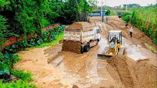 Amazing full video !Exellent full project mini Dozer push sand fill the water & Dump truck unloading