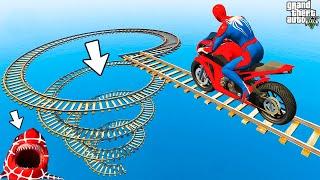 الأبطال الخارقين على القضبان دوامة قمع جس  SPIDER-MAN on Motorcycle in Spiral Bridge Stunt Ride!-!