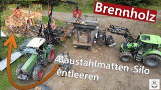 Brennholz Baustahlmatten-Silo mit Polypgreifer und Rückewagen entleeren | BMF14T2Pro - Fendt 511C