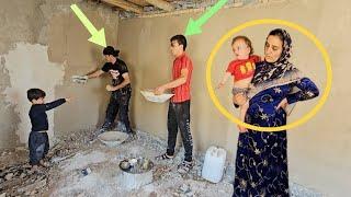 Plastering Ali and divorced woman.  Construction of a new house in the mountain. 