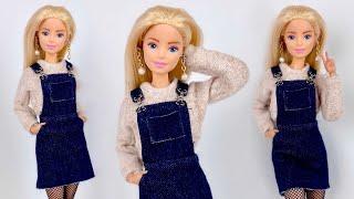 DIY Barbie Doll Outfit! Overall Dress & Cropped Sweater! How To Make Trendy Realistic Barbie Clothes