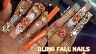 FALL NAILS  HOW TO 3D FLOWER | FULL BLING NAIL CRYSTAL PLACEMENT  ACRYLIC NAIL TUTORIAL