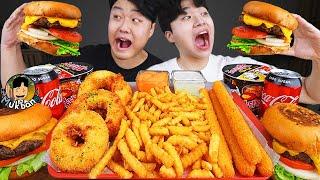 ASMR MUKBANG | BURGER, Cheese stick, Fire Noodles, hot dog recipe ! eating