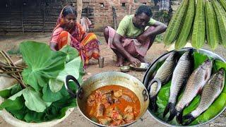 rainy day FISH CURRY cooking with jhinge and kochu shak recipe for tribe father&mother|rural life