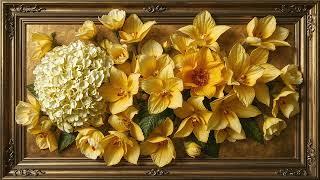 Yellow flowers relaxing background. Framed art screensaver for TV . 4k Vintage Oil Painting .