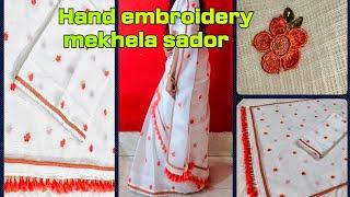 hand embroidery mekhela sador design // simple hand embroidery mekhela sador.. #mekhelasador
