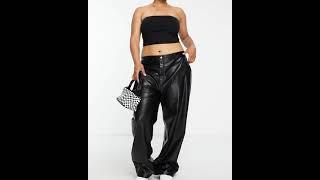 COTTONON Shiny Curve PU Wide Leg Leather Trousers Plus Pants Wetlook Black Women | Asos