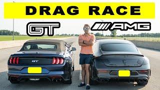 Ford Mustang GT 10 Speed vs Mercedes C43 AMG Coupe, drag and roll race!