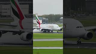 Emirates A380 CLOSEUP TAKEOFF runway 27 at EHAM #planespotting #aviation #emirates #duabi  #ytshorts