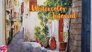 Watercolor painting of Greece alley scene, light & shadow, easy tutorial for beginners