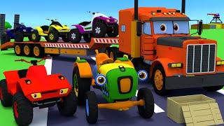 Tractor Max, quadrocycle (ATV) & semi truck.  Racing, obstacle course. Cartoons for kids about cars.