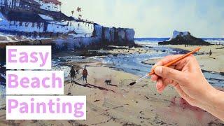 Watercolor Demo - How to Paint an Easy Beach Scene - Perranporth Cornwall