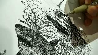 Childhood Imagination by Dotwork Ink. #draw #drawing #illustration #pointillism #shark #whale