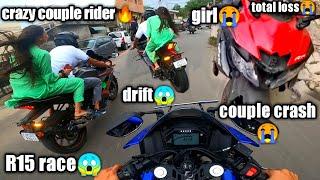 Cute Couple race r15v3 VS r15v4 | Cute stranger girl ride bike || Bike crash