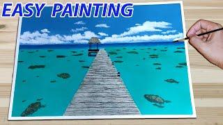 Seascape Dock Step by Step Acrylic Painting / How to Paint by The Dock Step by Step / Very Easy