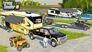 CAMPING WITH NEW TOY-HAULERS AT LAKE! ($200,000 CAMPER!) | FARMING SIMULATOR 2019