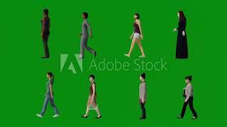 Green screen people background 3D people walking sideways Chromakey rendering animation