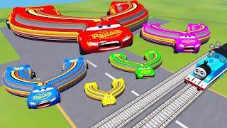 FAT CAR vs LONG CARS with Big & Small: Lightning Mcqueen Slingshot vs Trains Thomas - BeamNG.Drive