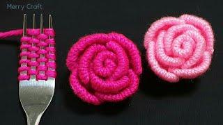 Easy Rose Flower Making Idea with Woolen - Hand Embroidery Amazing Trick - Sewing Hack - Wool Design