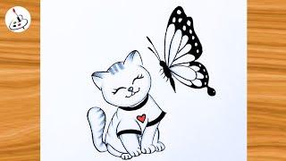 Drawing of a Cat with Butterfly||Simple Pencil Sketch||Easy Drawing ideas for Beginners