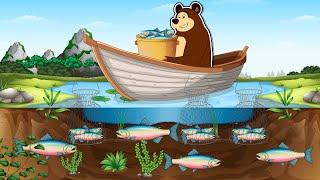 Salmon Fishing with nets on Boats and Tractor Transporting in Seashore | Vehicles Farm Animated