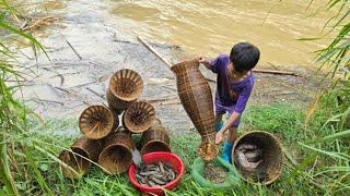 Shrimp trapping skills for setting basket traps to catch shrimp and fish for sale-highland boy khai