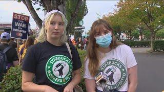 Demonstrators gather outside Starbucks headquarters in Seattle to protest ‘Investor Day’ event