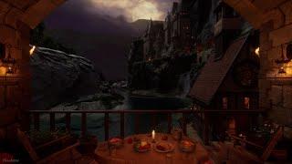 Fantasy Medieval Canyon Village Nighttime Ambience | Crackling Fire, Water, Crickets, Owl Sounds