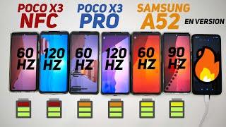 BATTERY DRAIN TEST! POCO X3 PRO vs SAMSUNG A52 vs POCO X3 NFC, 120Hz vs 90Hz vs 60Hz screens!