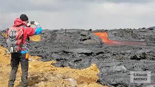 Iceland volcano lava flowing over man made barrier