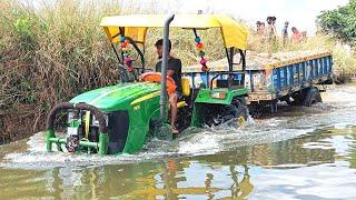 john deere tractor stuck in river with heavy loaded trolley | tractor pulling videos | tractor video