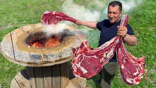 RibEye Steak Cooked in an Improvised Tandoor from an old cable drum