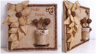 Wall Hanging Jute Craft İdeas,Jute Flowers and Coffee Beans Design, Dekoratif Kahve Panosu Yapılışı