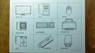 Computer parts drawing easily/Computer chart drawing/How to draw desktop computer parts