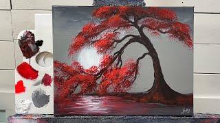 How To Paint A RED TREE and FULL MOON