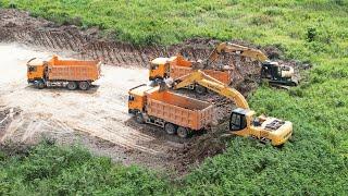 Wonderful Excavator Loading Soil On Dump Truck New Road Build Technology Over Big Lake