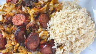 ASMR| Sausage W/ Fried Cabbage + Rice| Eating Sounds