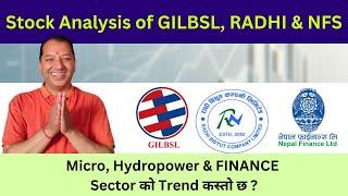 Stock Analysis of GILBSL, RADHI & NFS/Micro, Hydropower & FINANCE Sector को वर्तमान Trend कस्तो छ ?