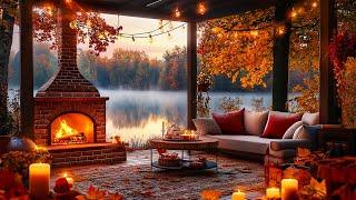 Fall Porch Ambience  Relaxing Autumn Morning Jazz Music With Rain Sounds & Fireplace to Study,