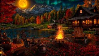 Autumn Lake House Porch Ambience with Campfire, Night Autumn Sounds, Crunchy Leaves and White Noise