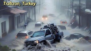 Massive flood on the road due to intense rainfall in the Araklı of Trabzon province, Turkey