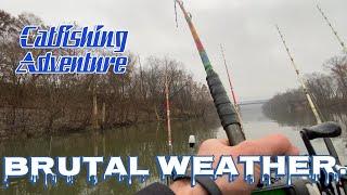 Would you fish in these conditions?catching catfish in miserable weather conditions.