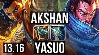 AKSHAN vs YASUO (TOP) | 10/0/4, 1400+ games, 6 solo kills, Legendary | KR Master | 13.16