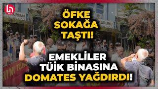 Emeklilerin öfke dolu protestosu! TÜİK binasına domates yağdı! "HIRSIZ TÜİK EMEKLİYE HESAP VER!"