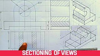 SECTIONING, SECTIONING OF VIEWS ( plan elevation and end views) in technical engineering drawing.