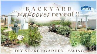 BACKYARD MAKEOVER REVEAL   secret garden + DIY garden swing + cobblestone path