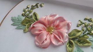 Ribbon Embroidery Pink Flower Easy stitches