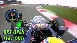 Downforce monster RB7 295km/h flatout with DRS open in Silverstone T1